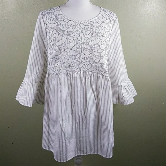 😻 4/$25 Isabel Maternity Pinstriped Topo with Lace Bodice NWOT L - Picture 1 of 9